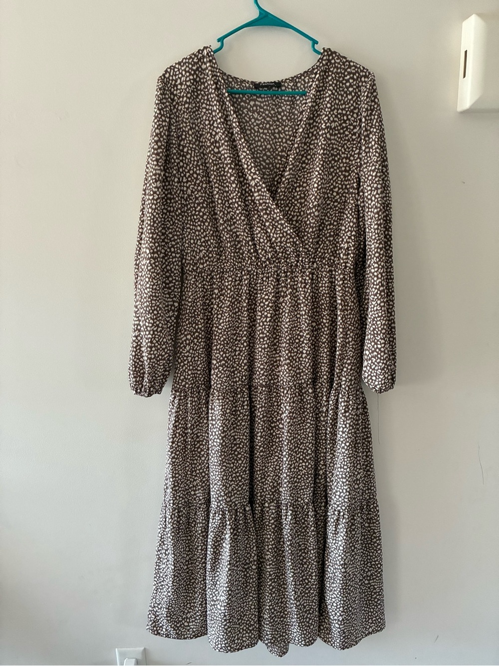 Brown Printed Long Sleeve V-Neck Tiered Midi Dress